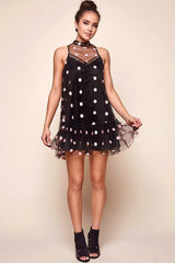Black Mini Dress with Sheer Mesh Polka Dot Overlay