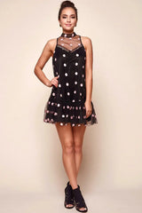 Black Mini Dress with Sheer Mesh Polka Dot Overlay
