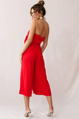 Strapless Bow Tie Front Wide Leg Red Jumpsuit