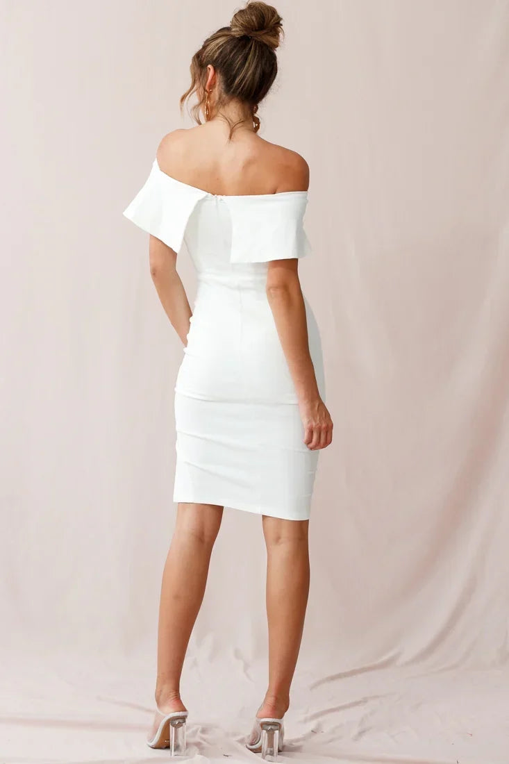 Off Shoulder Ruffle Bodycon Slit White Midi Dress