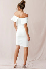 Off Shoulder Ruffle Bodycon Slit White Midi Dress