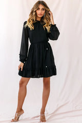 Black Mini Dress with Long Sleeve Ruffle Hem
