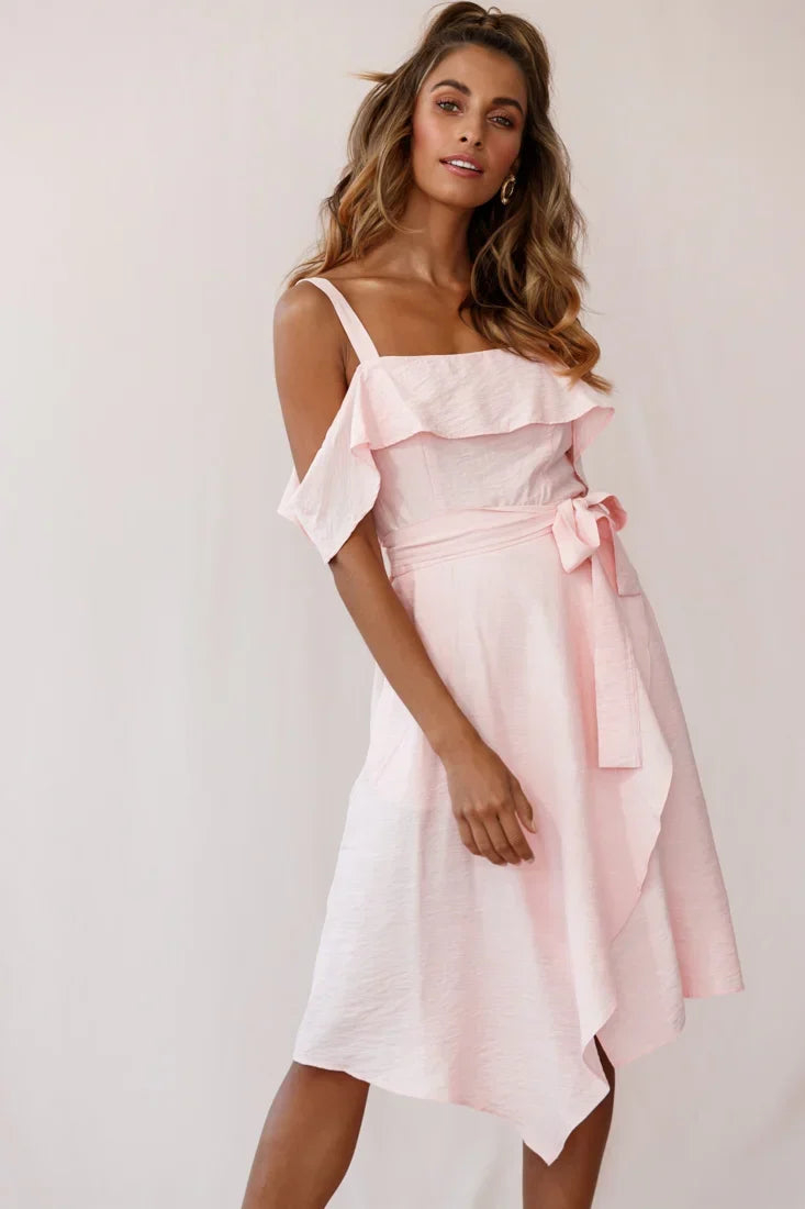 Cold Shoulder Ruffle Tie Waist Asymmetric Pink Midi Dress