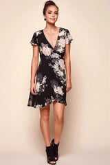 Plunge Flutter Sleeve Floral Wrap Black Mini Dress