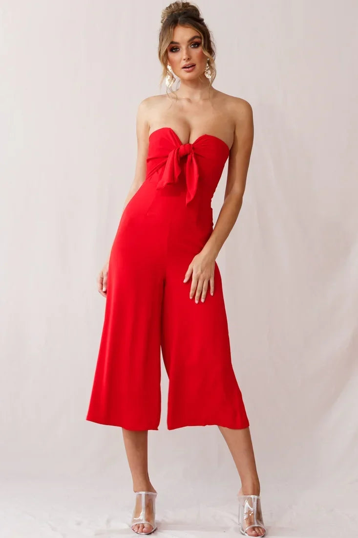 Strapless Bow Tie Front Wide Leg Red Jumpsuit