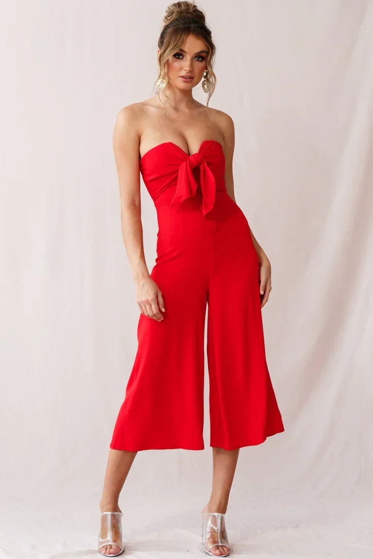 Strapless Bow Tie Front Wide Leg Red Jumpsuit