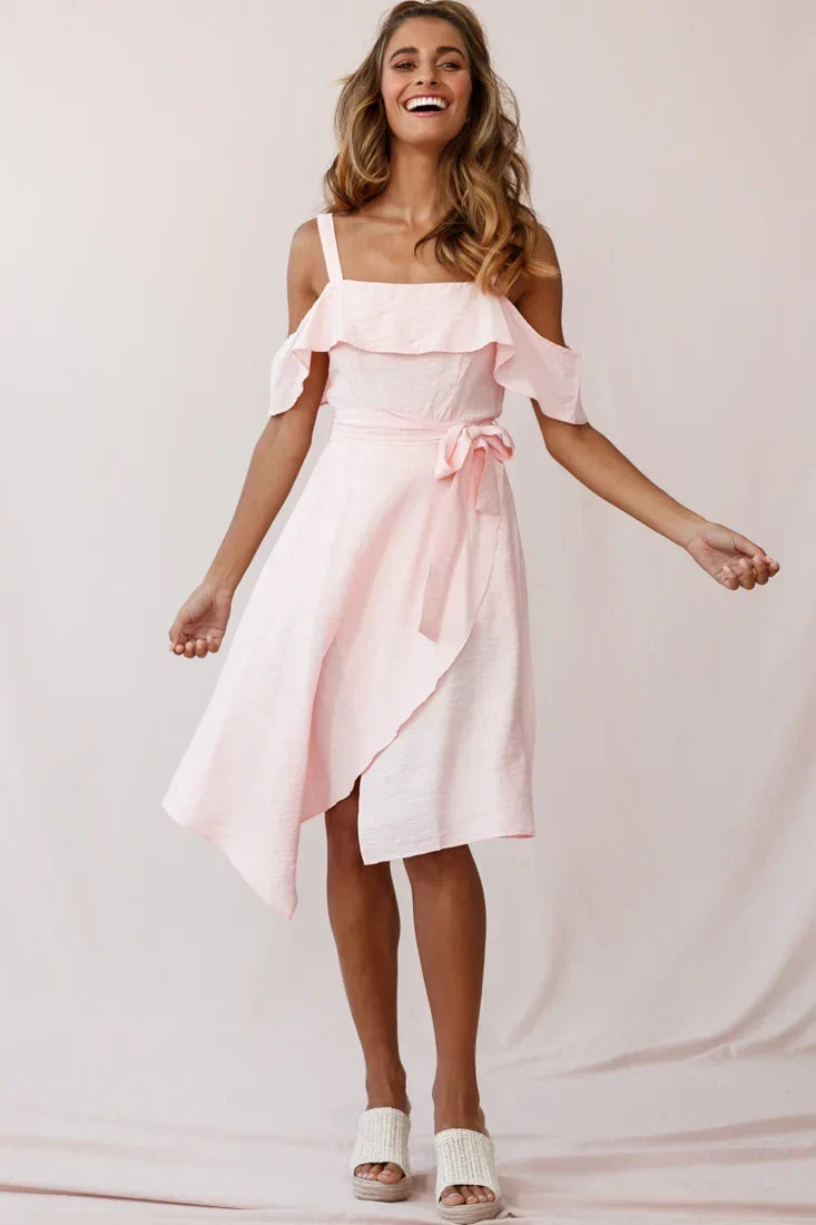 Cold Shoulder Ruffle Tie Waist Asymmetric Pink Midi Dress
