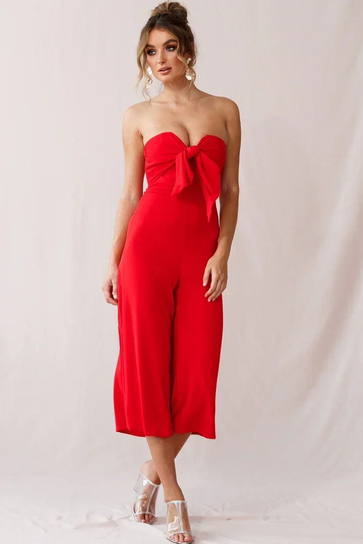 Strapless Bow Tie Front Wide Leg Red Jumpsuit