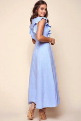 Ruffle Sleeve Crew Neck A Line Light Blue Maxi Dress