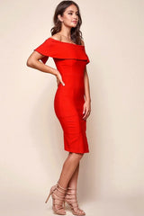 Off Shoulder Ruffle Bodycon Slit Bright Red Midi Dress