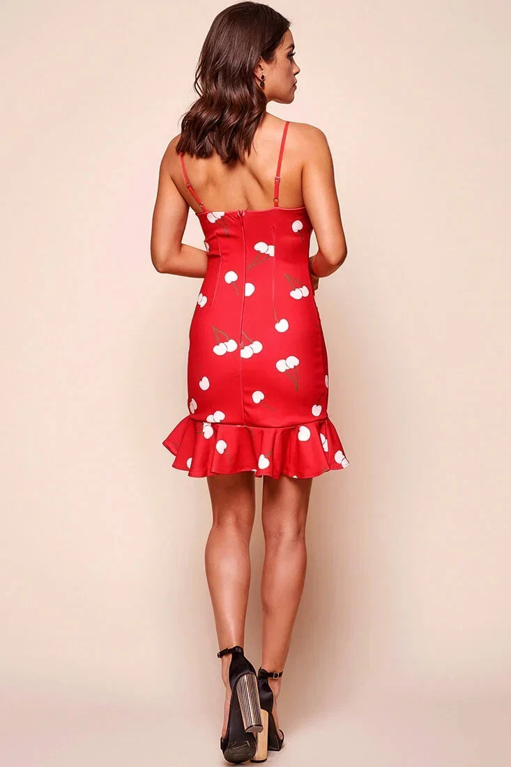 Spaghetti Strap Cherry Print Bodycon Flounce Red Mini Dress