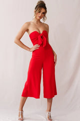 Strapless Bow Tie Front Wide Leg Red Jumpsuit
