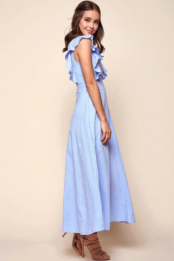 Ruffle Sleeve Crew Neck A Line Light Blue Maxi Dress