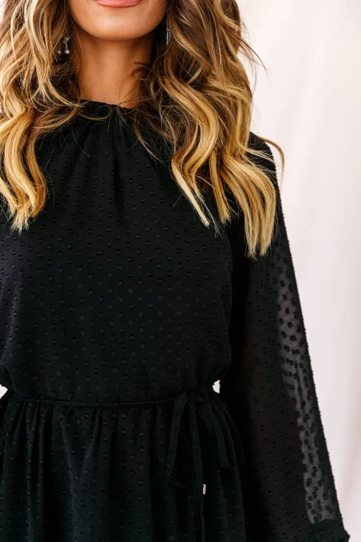 Black Mini Dress with Long Sleeve Ruffle Hem