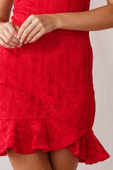 Spaghetti Strap Jacquard Bodycon Flounce Red Mini Dress