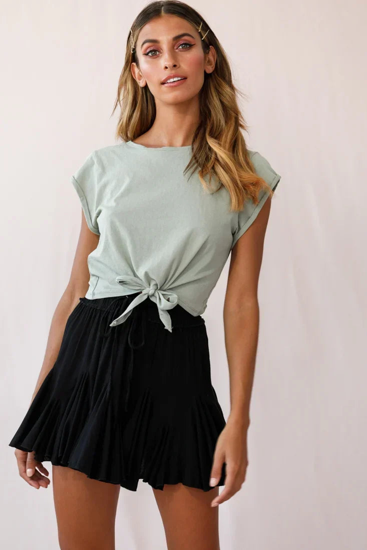 Black Mini Skirt with Pleated Ruffle Flounce