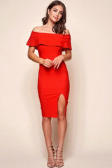 Off Shoulder Ruffle Bodycon Slit Bright Red Midi Dress
