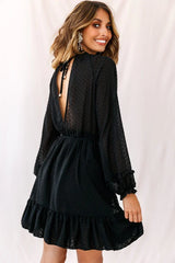 Black Mini Dress with Long Sleeve Ruffle Hem