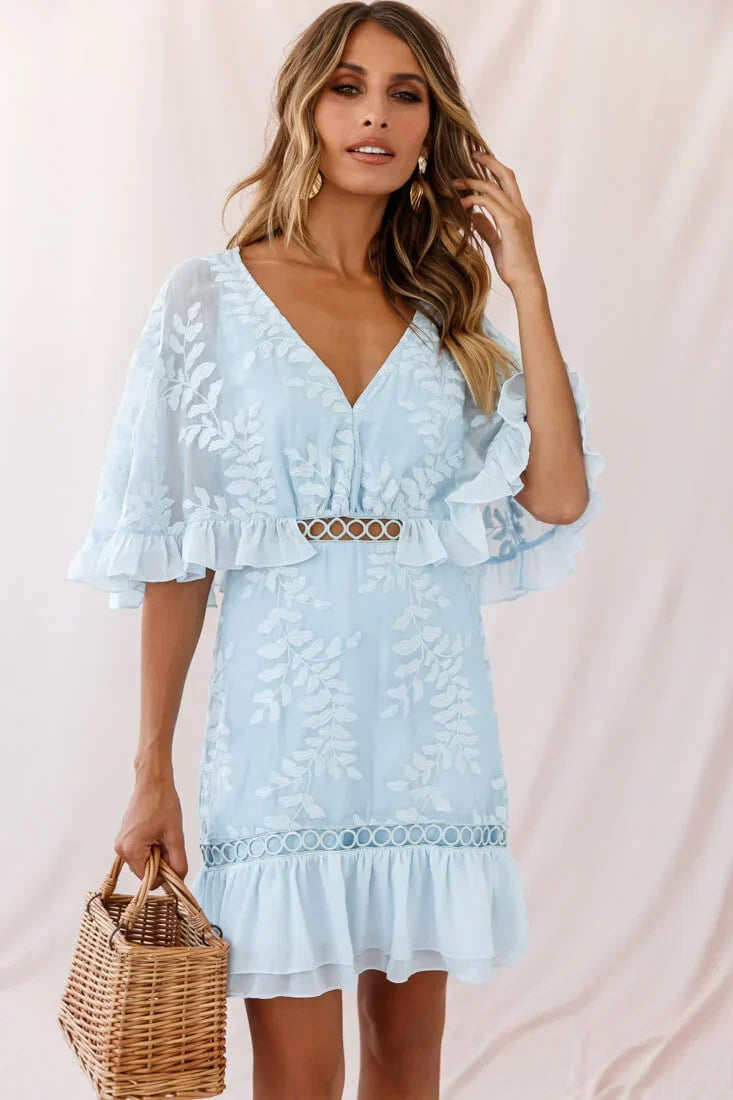 V Neck Flutter Sleeve Leaf Jacquard Baby Blue Mini Dress