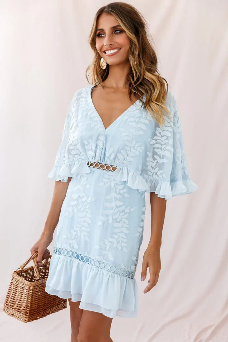 V Neck Flutter Sleeve Leaf Jacquard Baby Blue Mini Dress