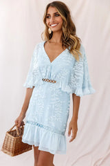 V Neck Flutter Sleeve Leaf Jacquard Baby Blue Mini Dress