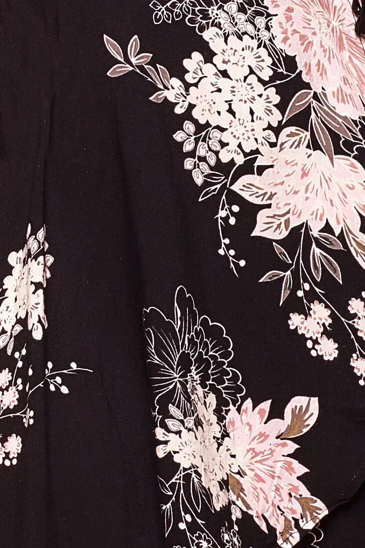 Plunge Flutter Sleeve Floral Wrap Black Mini Dress