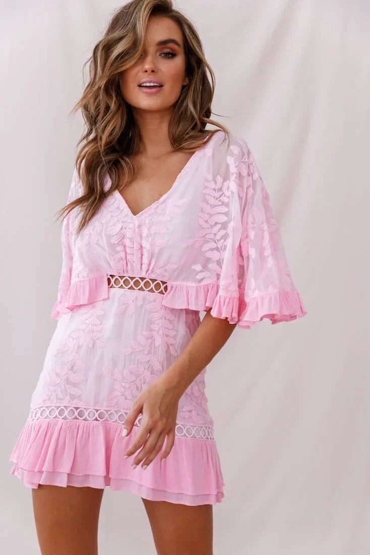 V Neck Flutter Sleeve Leaf Jacquard Crochet Trim Baby Pink Mini Dress