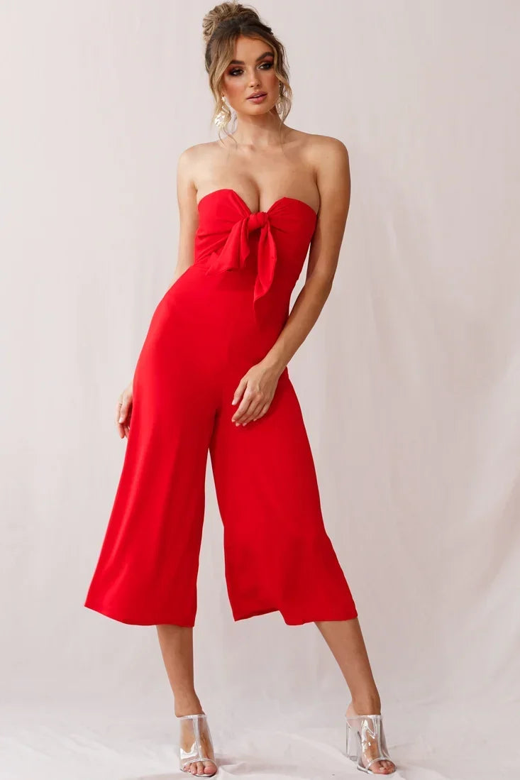 Strapless Bow Tie Front Wide Leg Red Jumpsuit