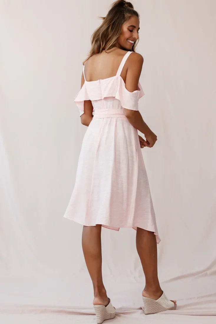 Cold Shoulder Ruffle Tie Waist Asymmetric Pink Midi Dress
