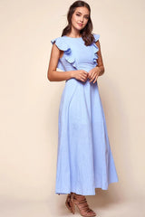 Ruffle Sleeve Crew Neck A Line Light Blue Maxi Dress