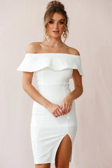 Off Shoulder Ruffle Bodycon Slit White Midi Dress