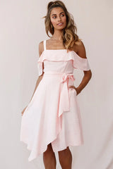 Cold Shoulder Ruffle Tie Waist Asymmetric Pink Midi Dress