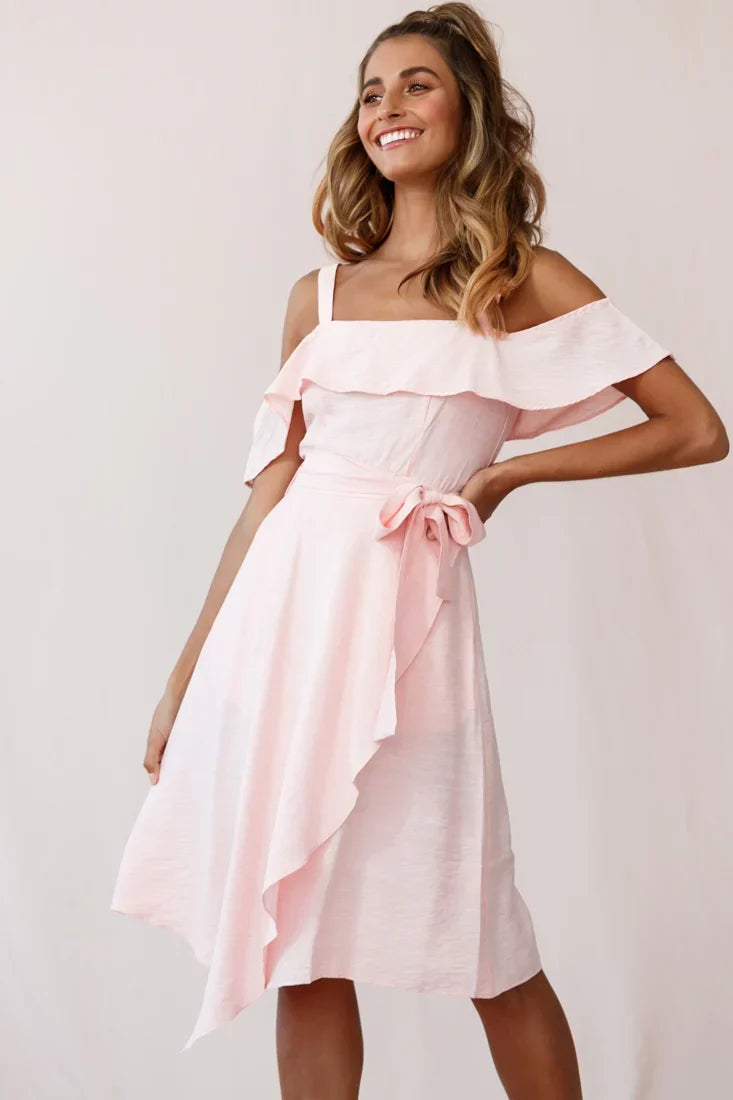 Cold Shoulder Ruffle Tie Waist Asymmetric Pink Midi Dress