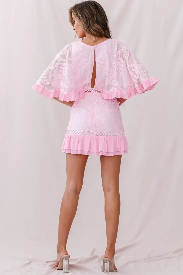 V Neck Flutter Sleeve Leaf Jacquard Crochet Trim Baby Pink Mini Dress