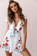 Plunge Tie Front Floral Flared White Mini Dress
