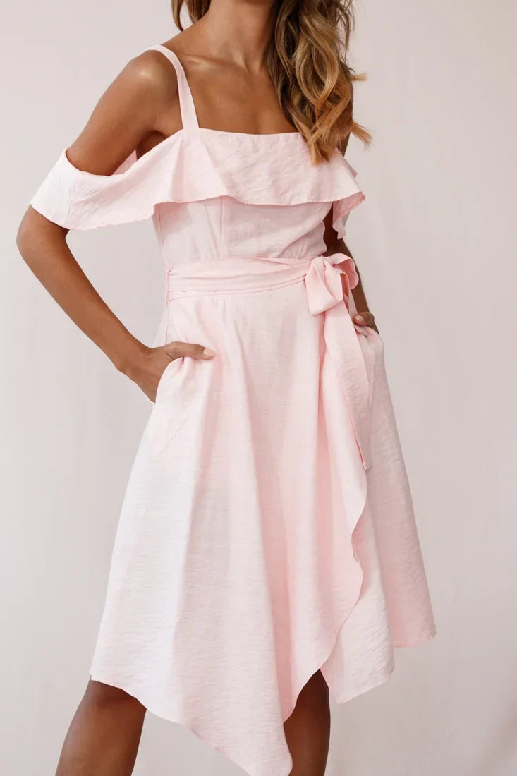 Cold Shoulder Ruffle Tie Waist Asymmetric Pink Midi Dress