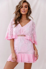 V Neck Flutter Sleeve Leaf Jacquard Crochet Trim Baby Pink Mini Dress