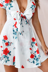Plunge Tie Front Floral Flared White Mini Dress