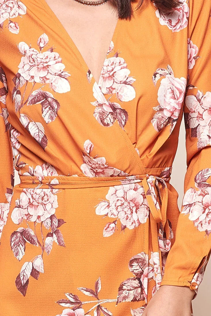 Long Sleeve V Neck Floral Wrap Orange Mini Dress