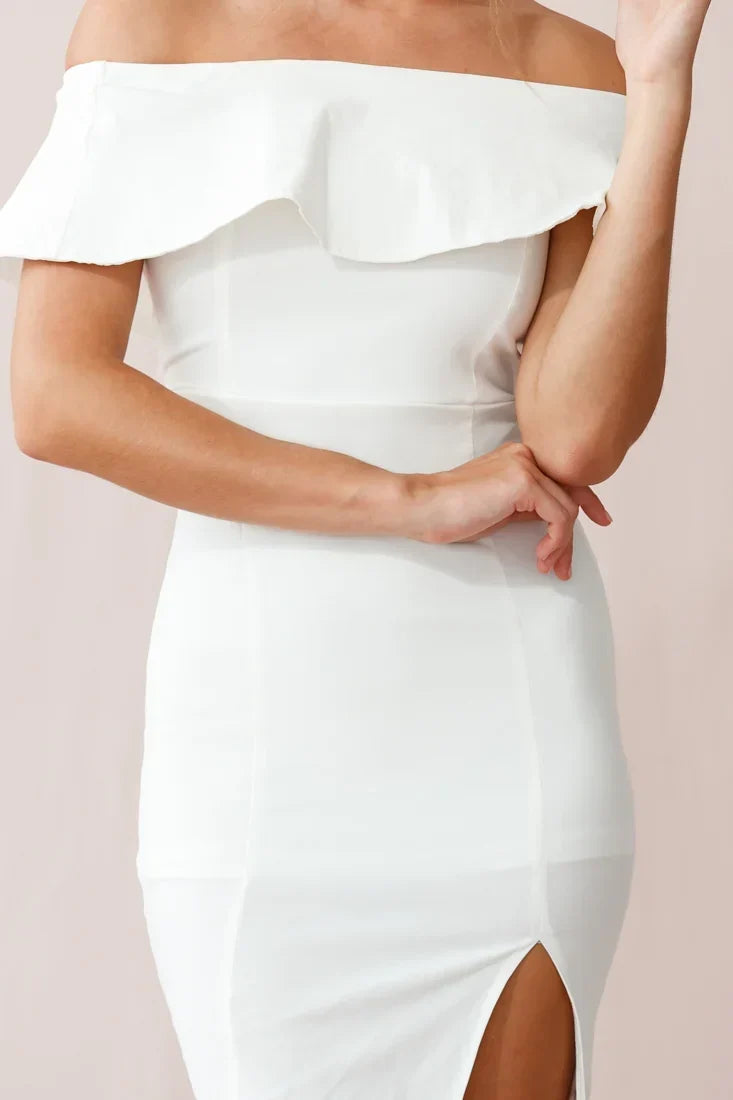 Off Shoulder Ruffle Bodycon Slit White Midi Dress