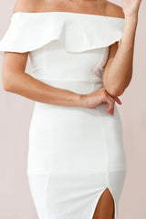 Off Shoulder Ruffle Bodycon Slit White Midi Dress